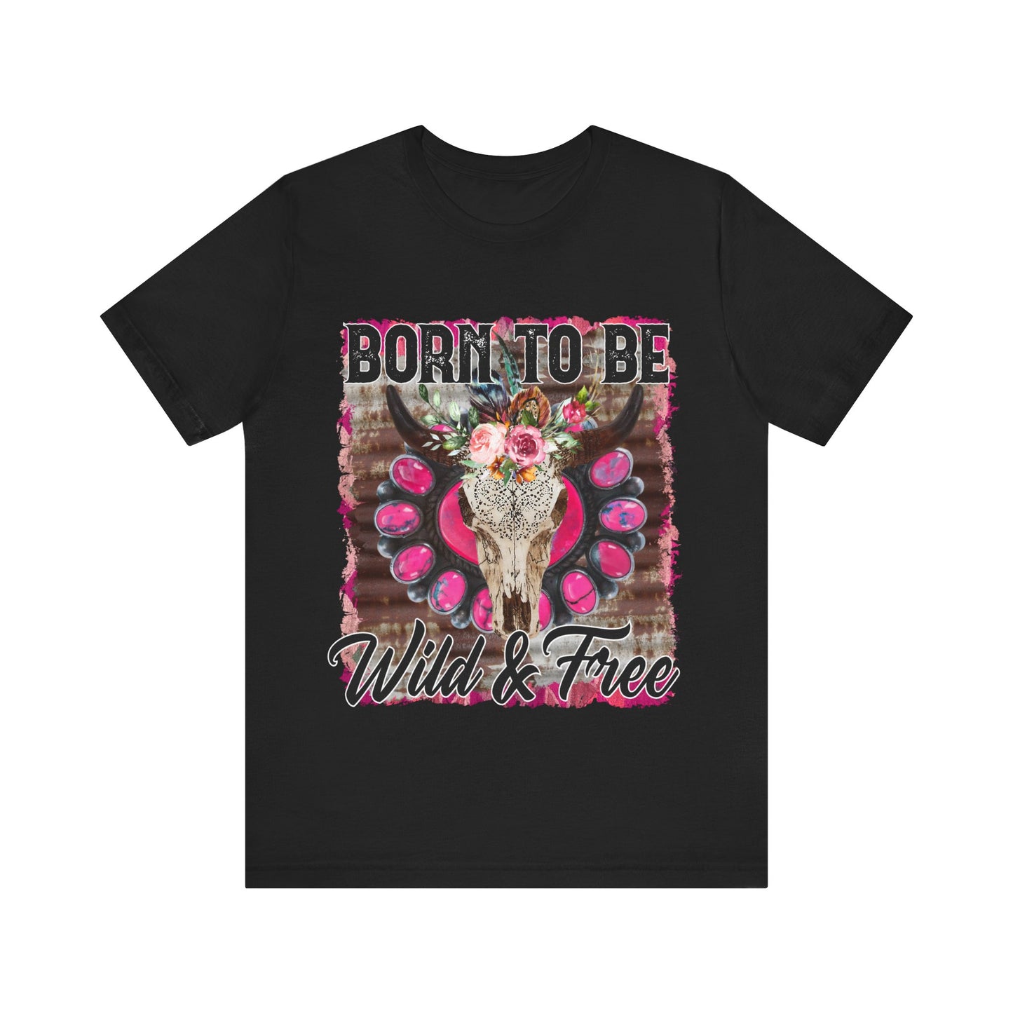 Black t-shirt with a colorful skull design and 'Born to be Wild & Free' text on a white background
