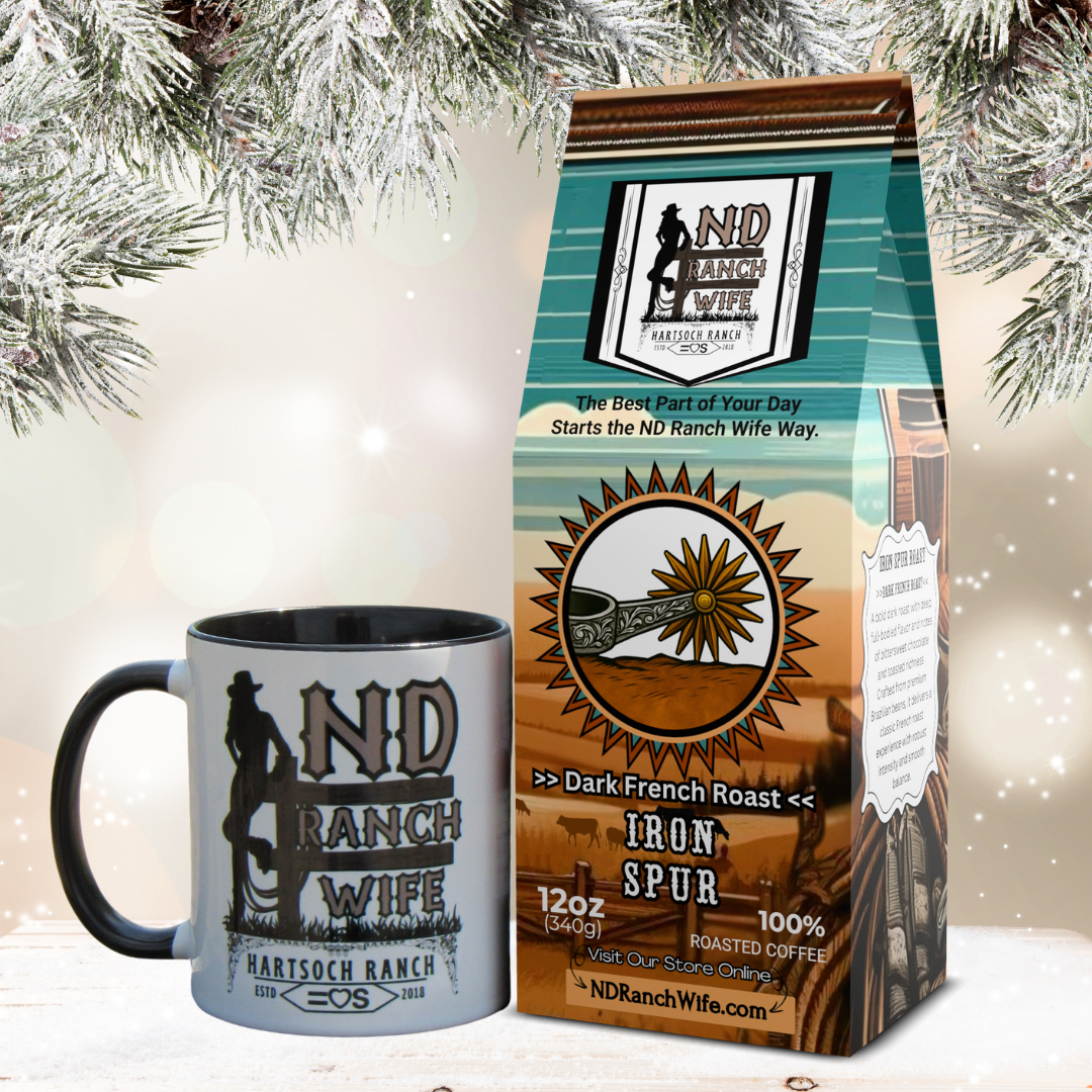 ND Ranch Wife coffee mug and coffee bag with Christmas tree in the background