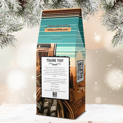 Coffee bag with a QR code and text on a decorative background