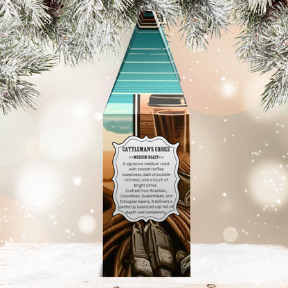 Coffee bag with a scenic label against a festive background