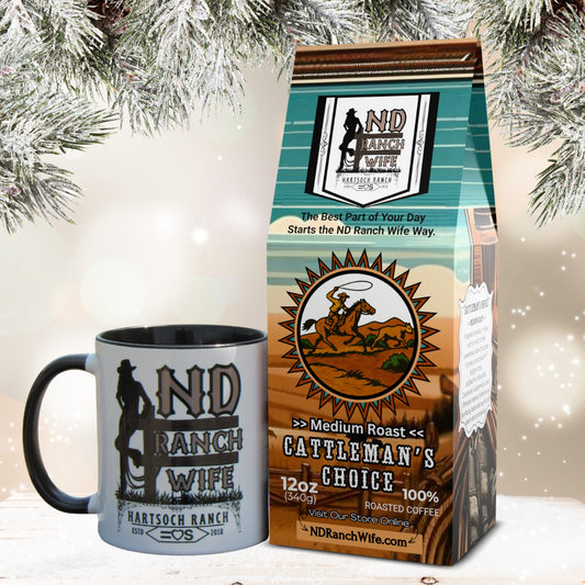 ND Ranch Wife coffee bag and mug with festive background