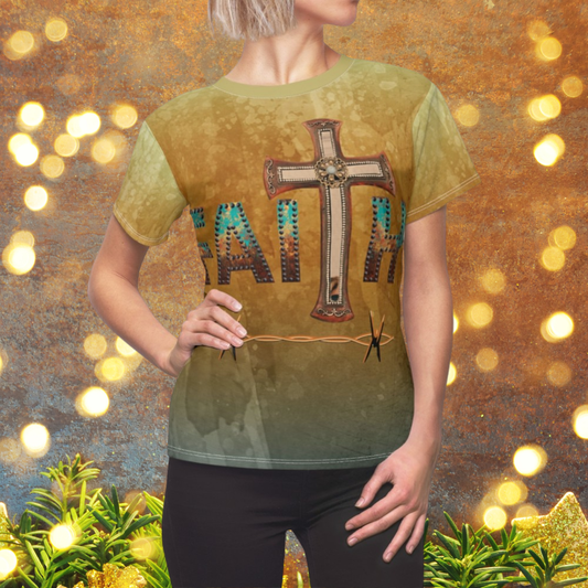 Person wearing a t-shirt with a cross and 'FAITH' text against a festive background