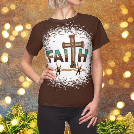 Person wearing a brown t-shirt with a cross and 'FAITH' design against a festive background.