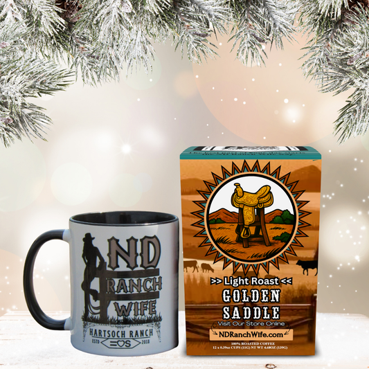 Mug and coffee package with 'ND Ranch Wife' branding against a festive background