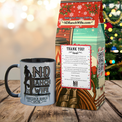 ND Ranch Wife mug and coffee bag with Christmas tree in the background