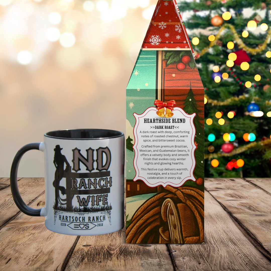 Mug with 'Ranch Wife' design and branded packaging on a wooden surface with a Christmas tree in the background.