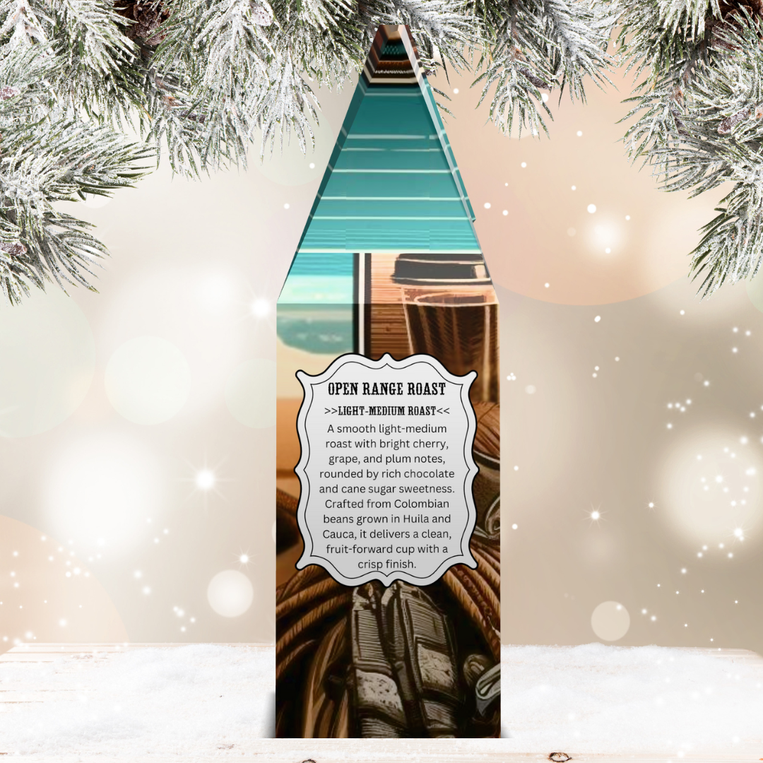 Box of coffee with a label against a festive background