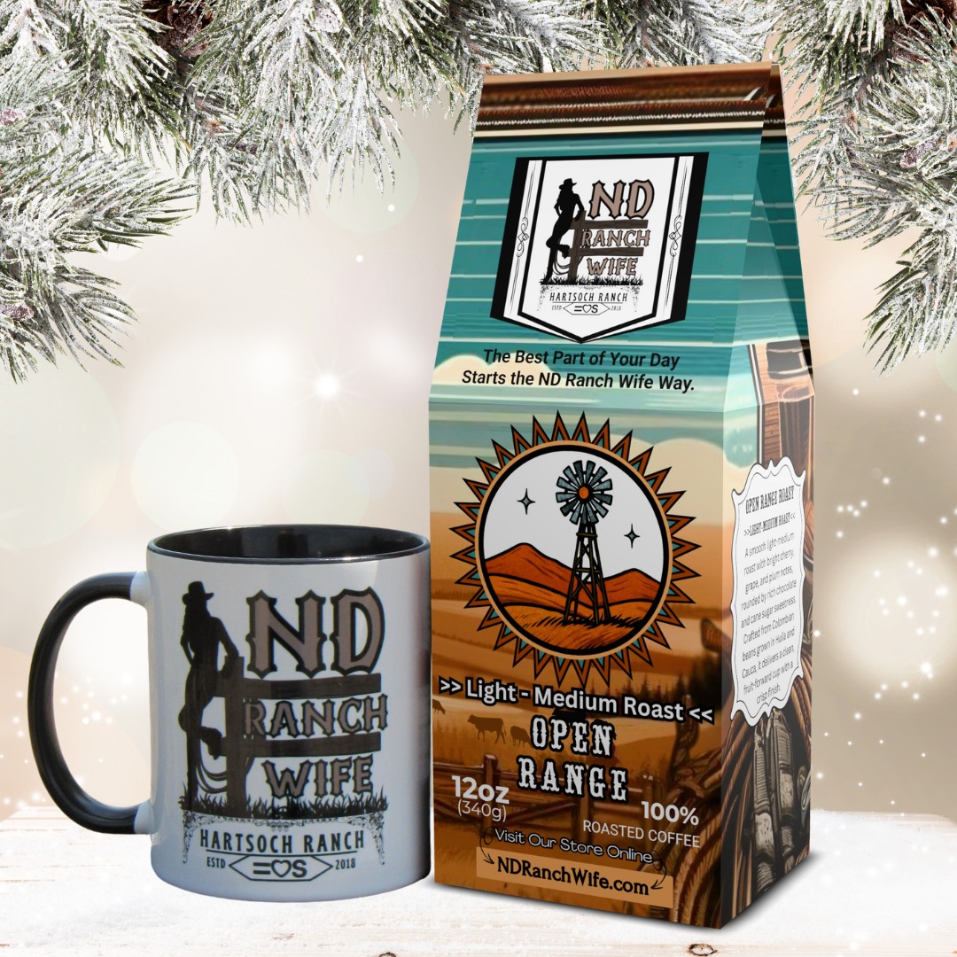 ND Ranch Wife mug and coffee bag with windmill design on a light background
