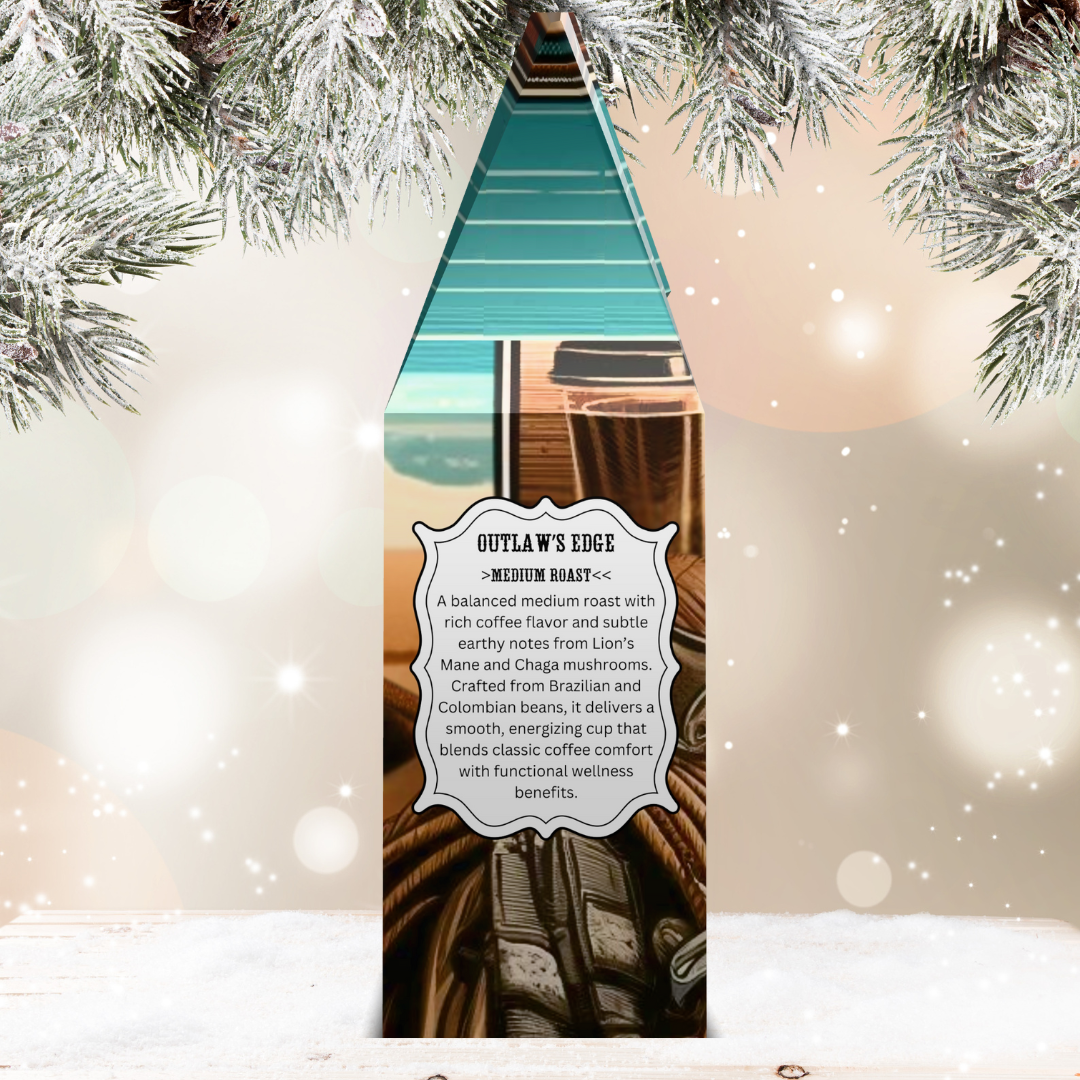 Coffee bag with scenic design and text on a decorative background