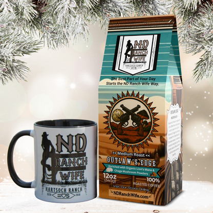 ND Ranch Wife coffee bag and mug with Christmas tree in the background