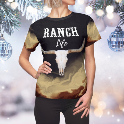 dark blue with smoky beige and maroon accent with longhorn skull and text