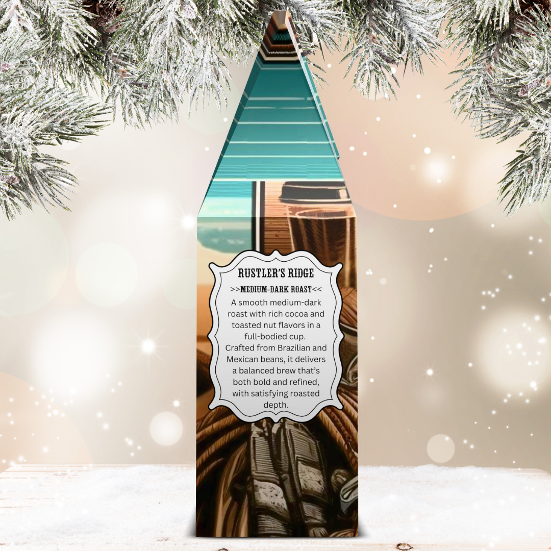 box shaped product packaging with text, set against a festive background with lights and snow.