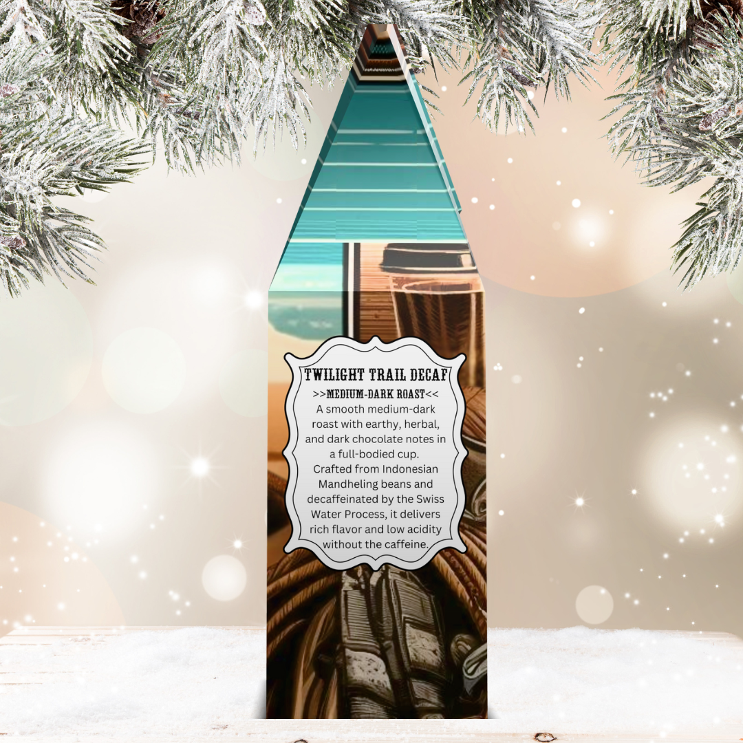 Teal wester print box with coffee label against a snowy background