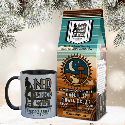 ND Ranch Wife coffee mug and coffee bag with Christmas tree in the background