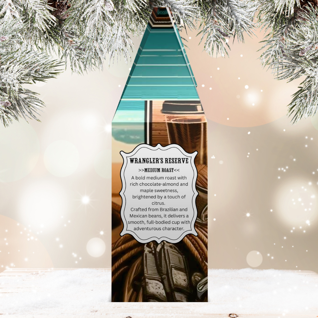 Coffee box with brand information against a festive background